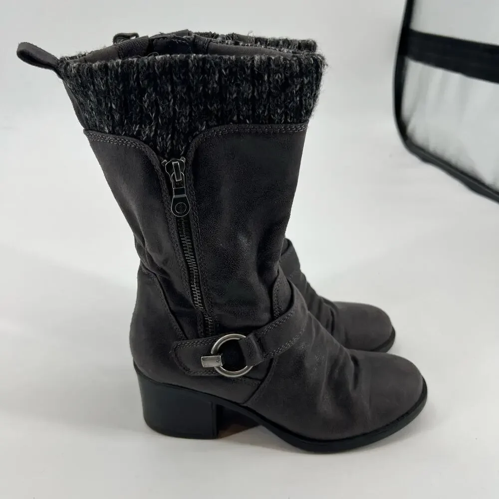 Baretraps Wylla mid-calf black sweater cuff block heel boots zip close size 5.5